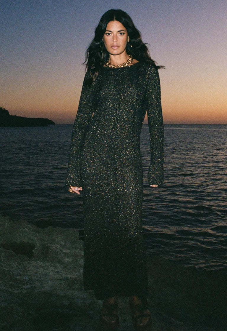 Elysian Collective Spell The Moss Knit Backless Maxi Dress Onyx