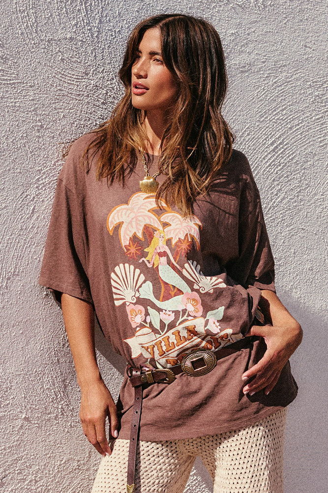 Elysian Collective Spell Villa Tropic Oversized Biker Tee Coffee