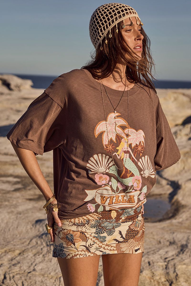 Elysian Collective Spell Villa Tropic Oversized Biker Tee Coffee