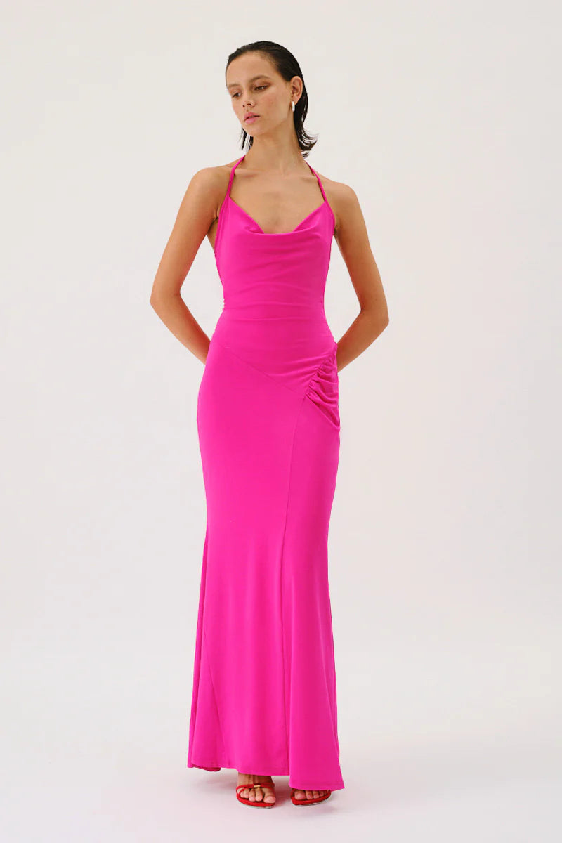 Elysian Collective Suboo Garnet Deep Cowl Neck Maxi Dress Pink