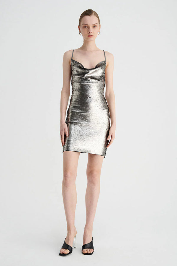 Elysian Collective Suboo Luna Cowl Neck Mini Dress Silver