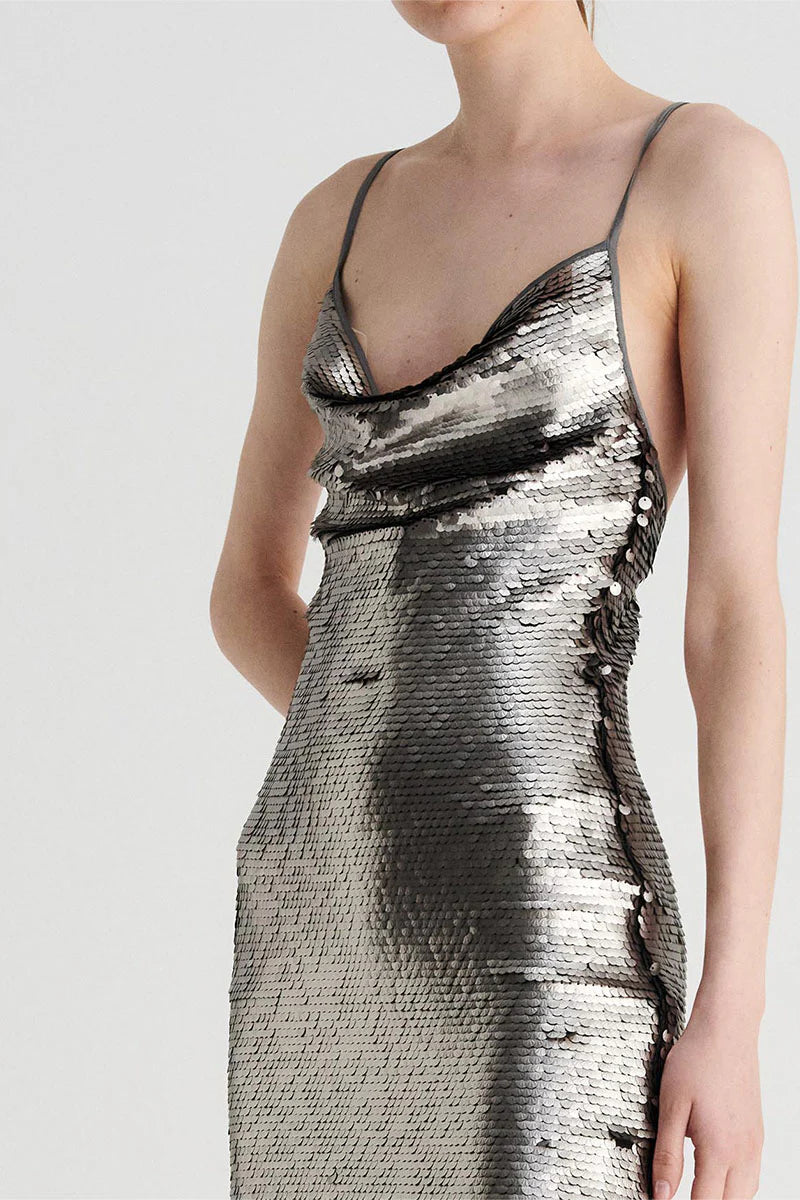 Elysian Collective Suboo Luna Cowl Neck Mini Dress Silver