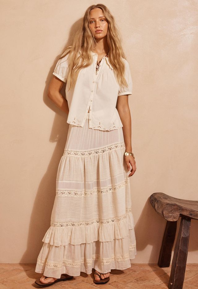 Elysian Collective Spell Ines Tiered Maxi Skirt Light Sand