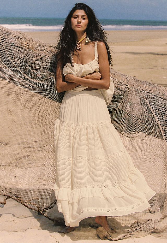 Elysian Collective Spell Ines Tiered Maxi Skirt Light Sand