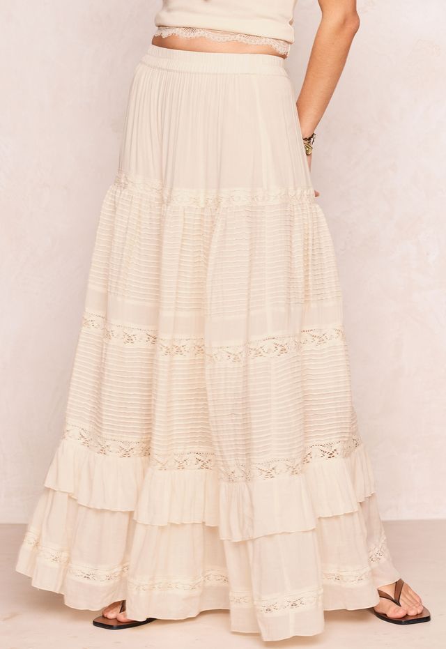 Elysian Collective Spell Ines Tiered Maxi Skirt Light Sand