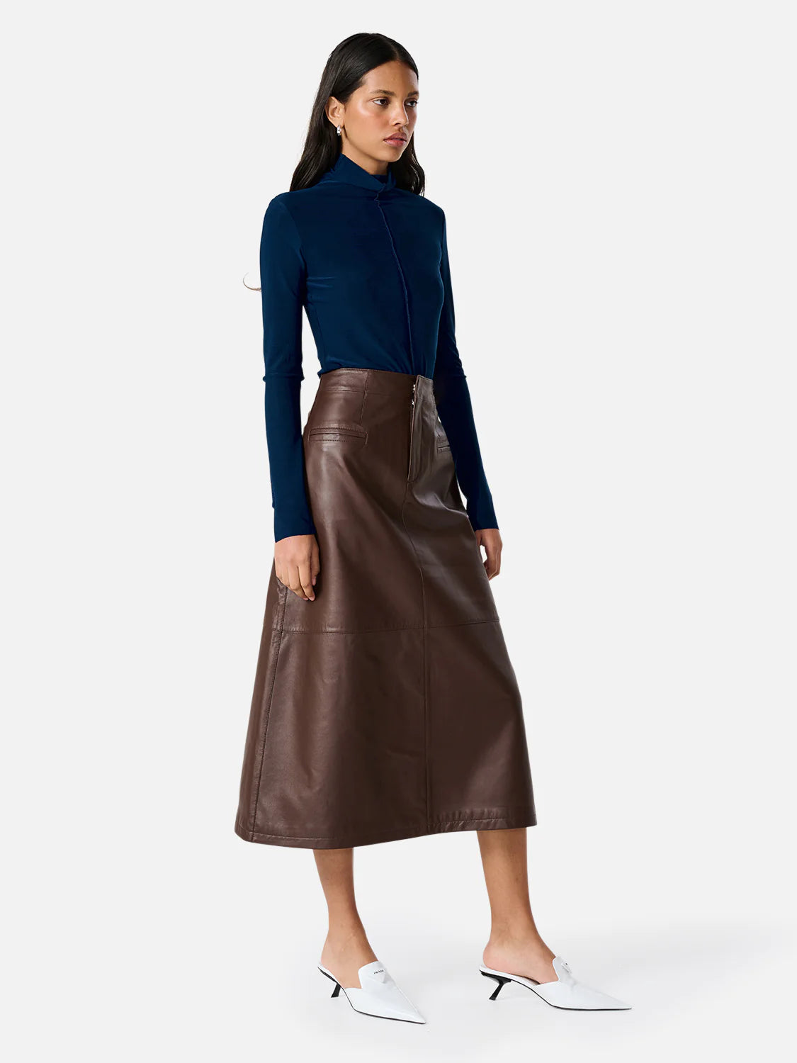 Elysian Collective Ena Pelly Aria Leather Midi Skirt Seal Brown