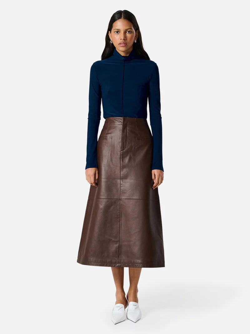 Elysian Collective Ena Pelly Aria Leather Midi Skirt Seal Brown