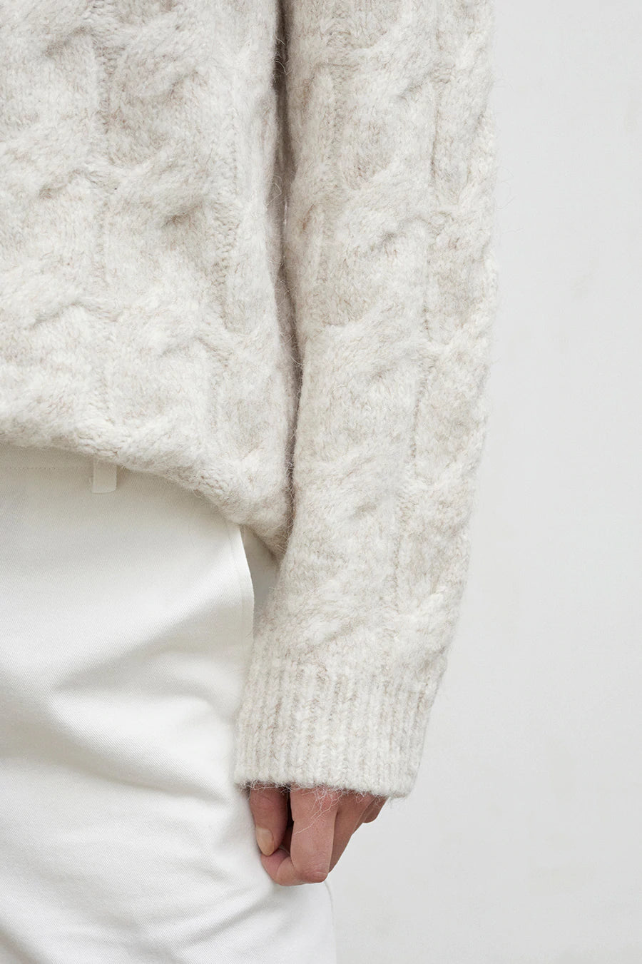 Elysian Collective Friend of Audrey Kara Cable Knit Melange V Neck Knit Creme Brulee