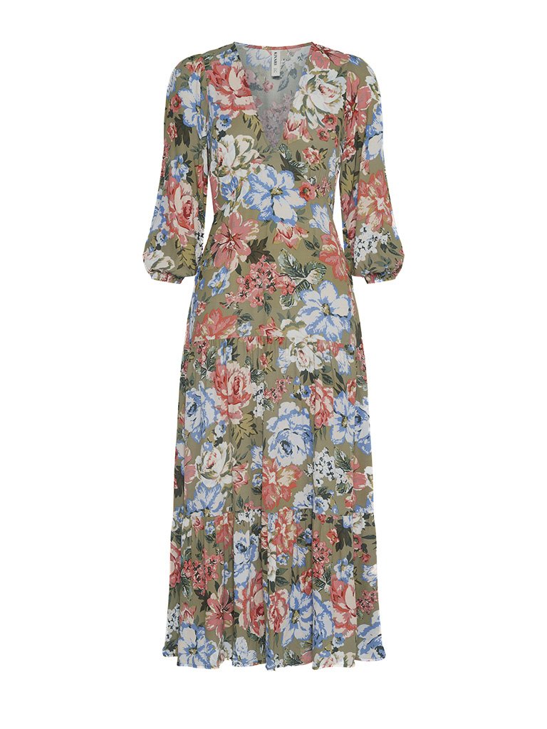 Elysian Collective Kivari Darcia Tiered Midi Dress Khaki Floral