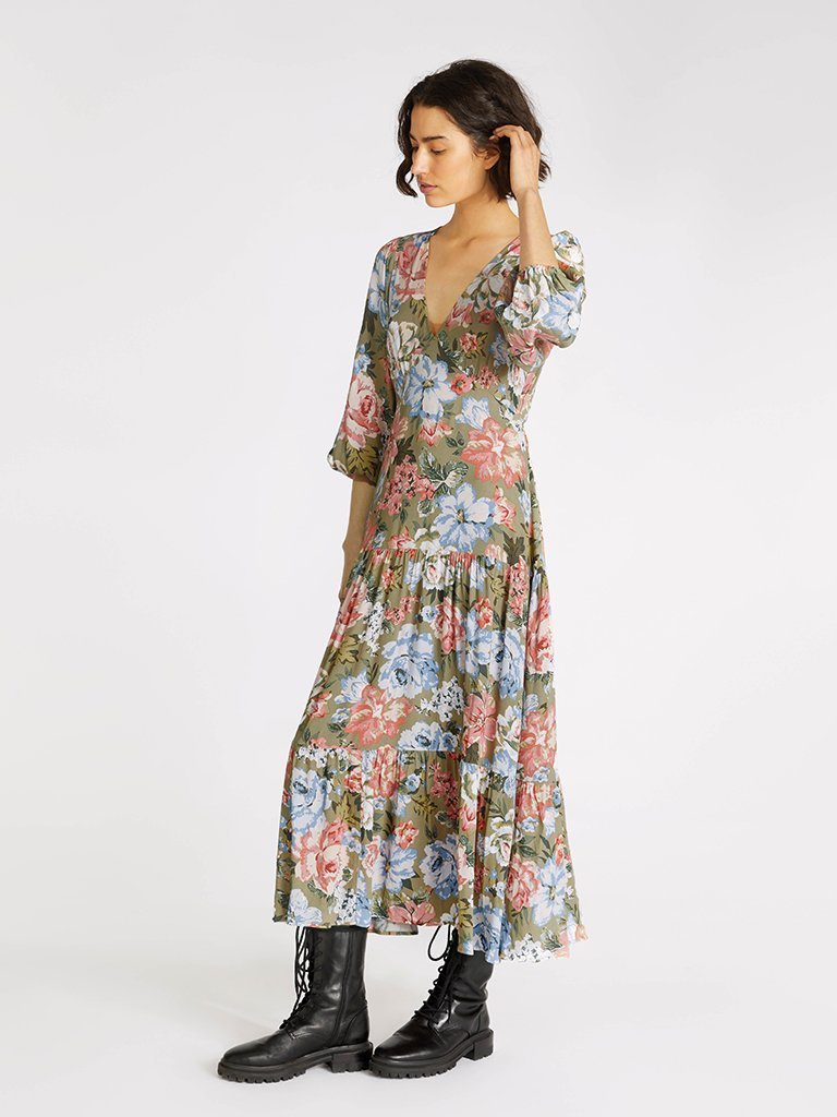 Elysian Collective Kivari Darcia Tiered Midi Dress Khaki Floral