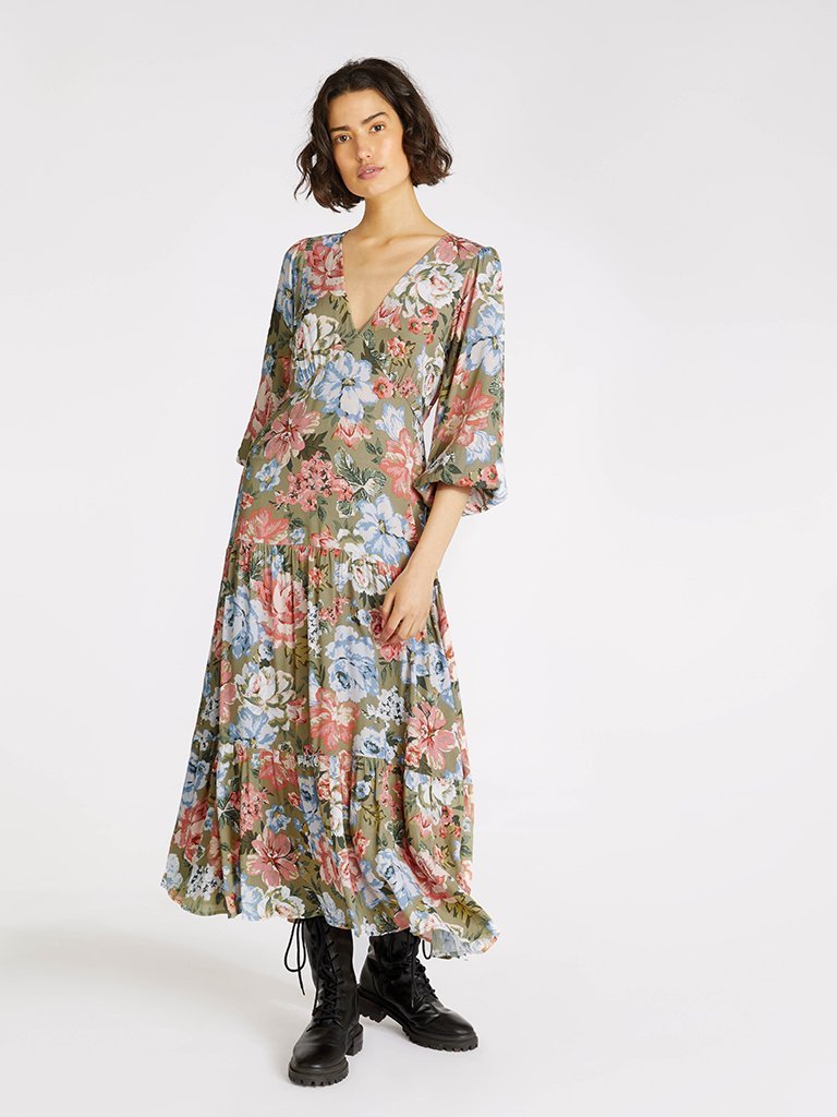 Elysian Collective Kivari Darcia Tiered Midi Dress Khaki Floral