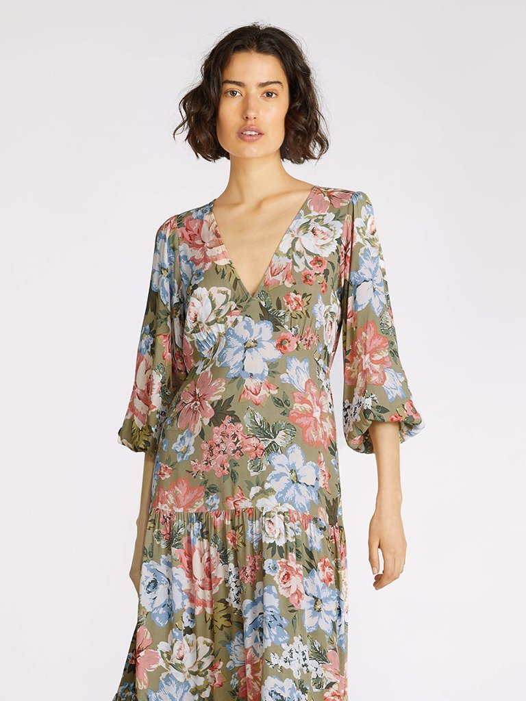 Elysian Collective Kivari Darcia Tiered Midi Dress Khaki Floral