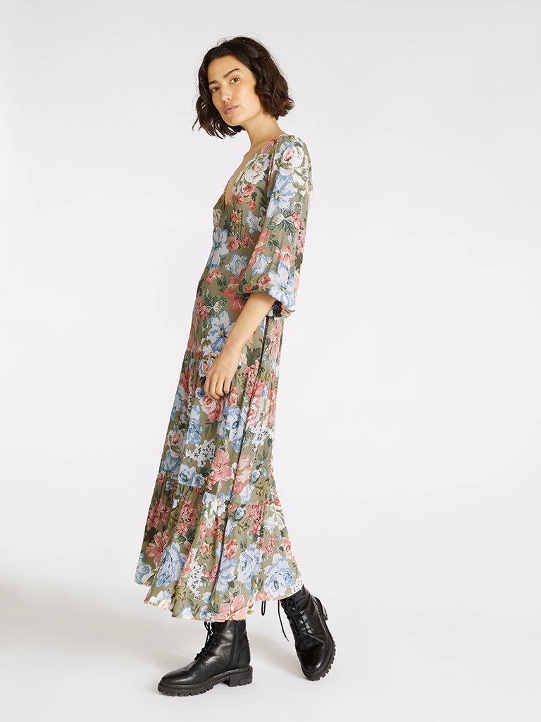 Elysian Collective Kivari Darcia Tiered Midi Dress Khaki Floral