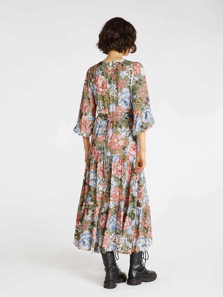 Elysian Collective Kivari Darcia Tiered Midi Dress Khaki Floral