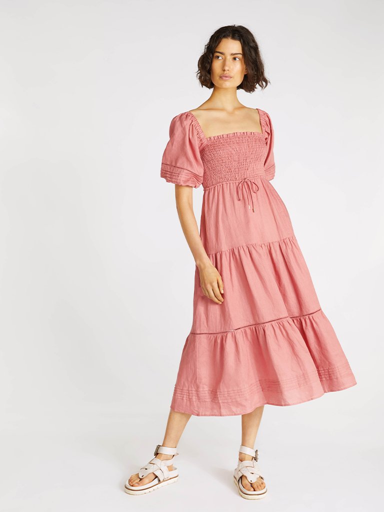 Elysian Collective Kivari Harlow Shirred Midi Dress Blush 