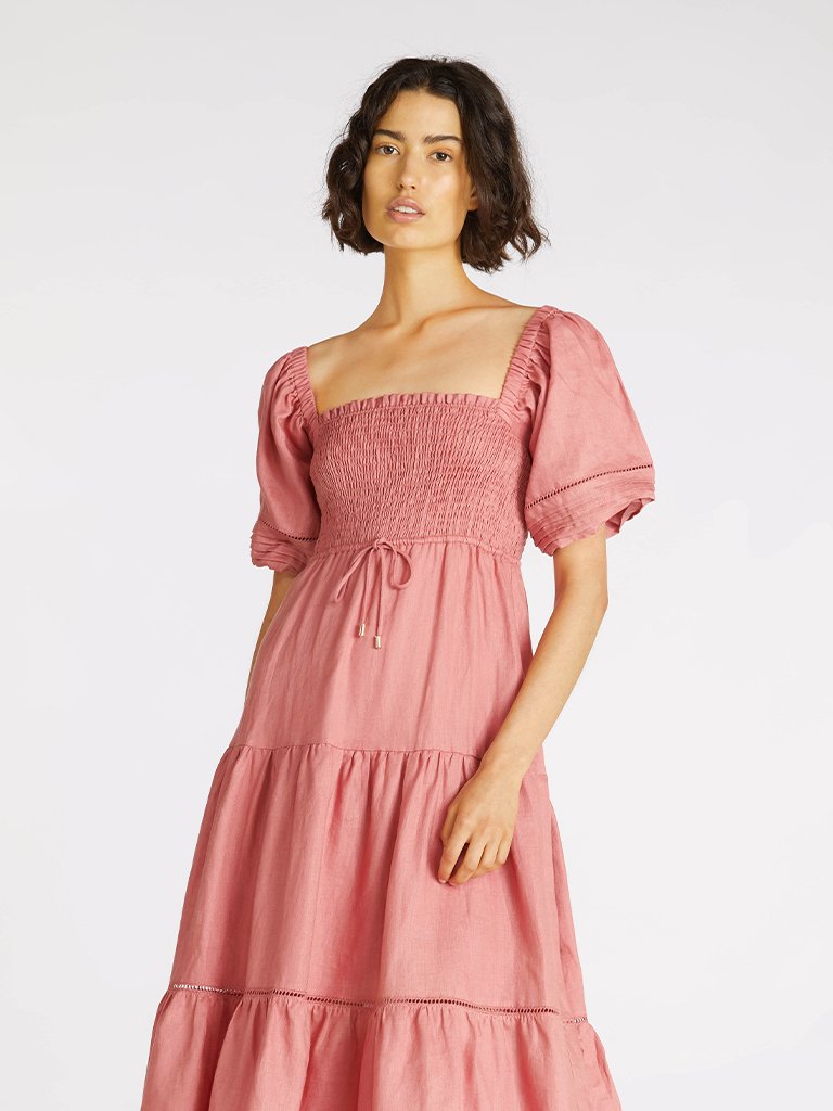 Elysian Collective Kivari Harlow Shirred Midi Dress Blush 