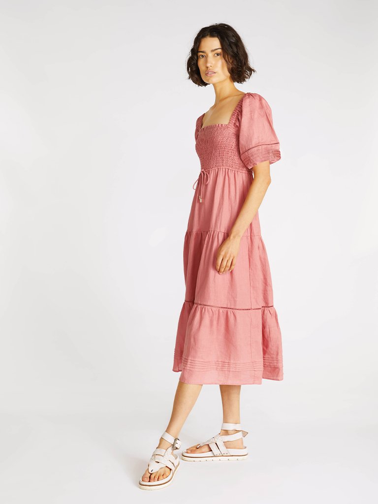 Elysian Collective Kivari Harlow Shirred Midi Dress Blush 