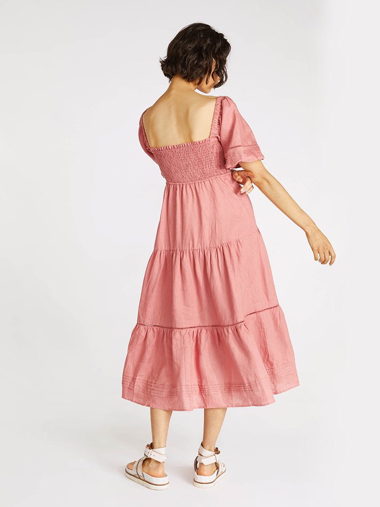 Elysian Collective Kivari Harlow Shirred Midi Dress Blush 