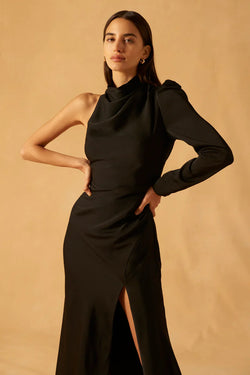 Elysian Collective  Misha Georgetta Satin Midi Dress Black