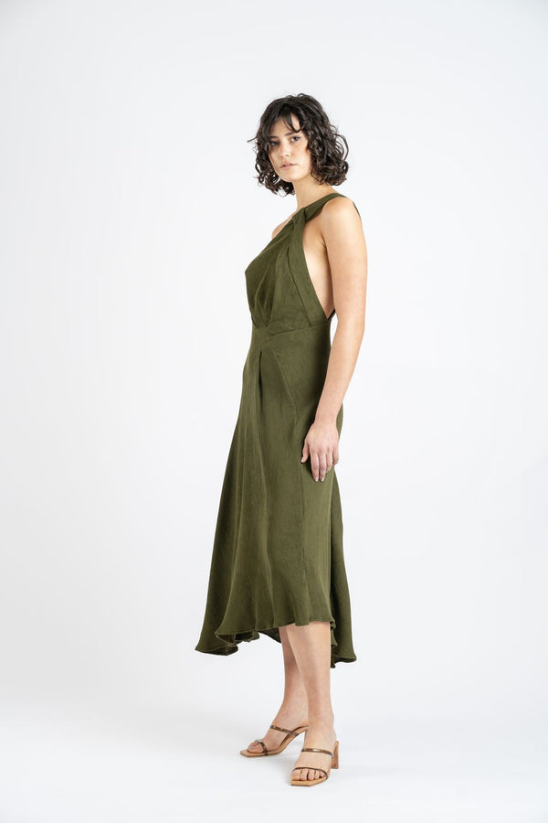 Elysian Collective One Fell Swoop Yvie Midi Dress Olive Line