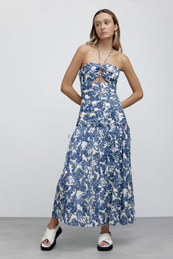 Elysian Collective Significant Other Scarlett Midi Dress Indigo Stencil Floral