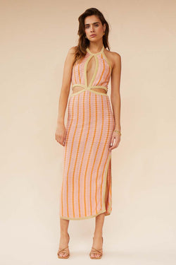 Elysian Collective Suboo Biba Halter Cutout Midi Dress Peach Stripeh
