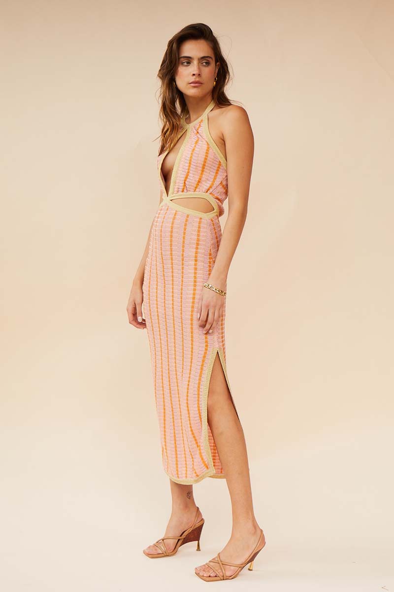 Elysian Collective Suboo Biba Halter Cutout Midi Dress Peach Stripe
