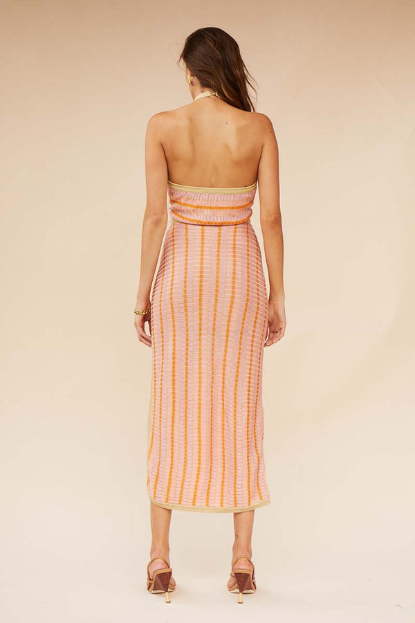 Elysian Collective Suboo Biba Halter Cutout Midi Dress Peach Stripe