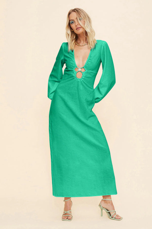 Elysian Collective Suboo Elodie Long Sleeve Keyhole Front Maxi Dress Green