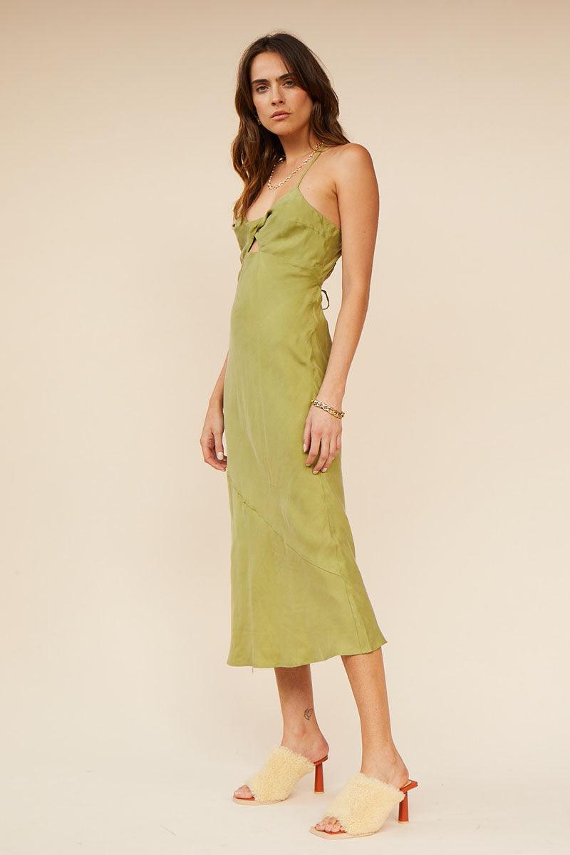 Elysian Collective Suboo Georgia Twist Front Slip Dress Moss