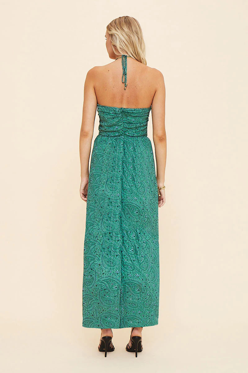 SUBOO - Stella Tie Neck Detail Midi Dress (Green Paisley)