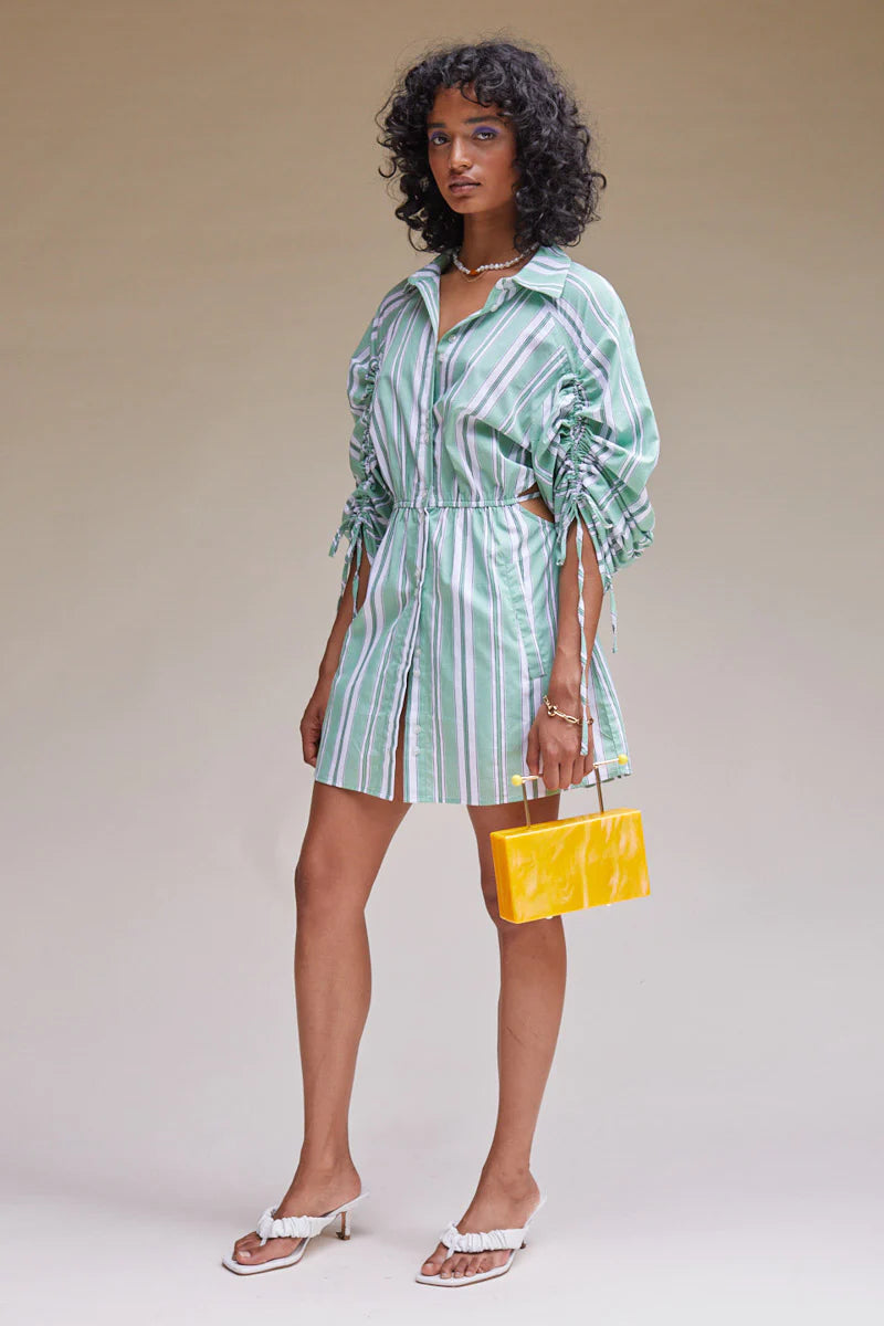 Elysian Collective Suboo Tali Gathered Sleeve Shirt Dress Green Stripe