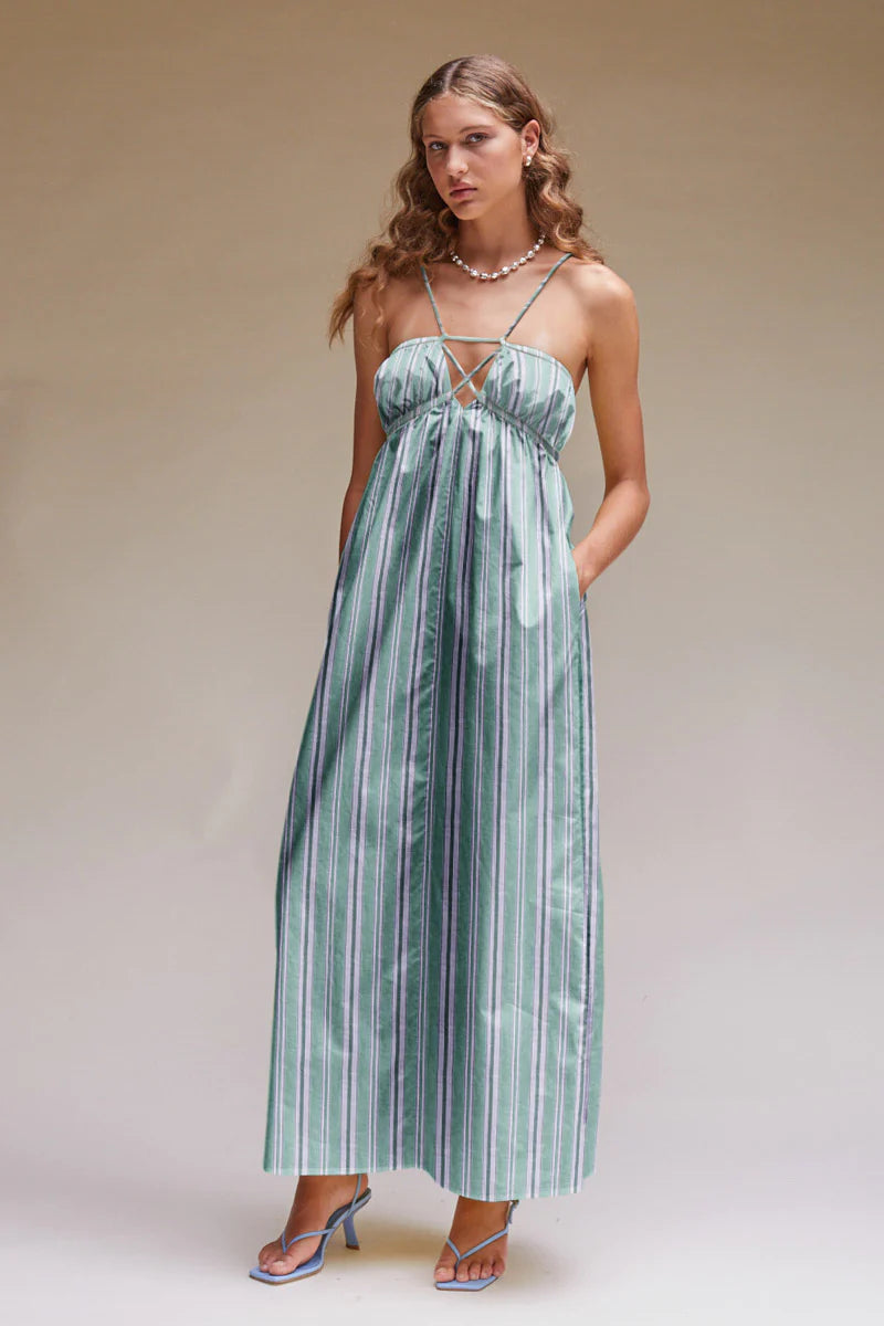 Elysian Collective Suboo Tali Strappy Maxi Dress Green Stripe