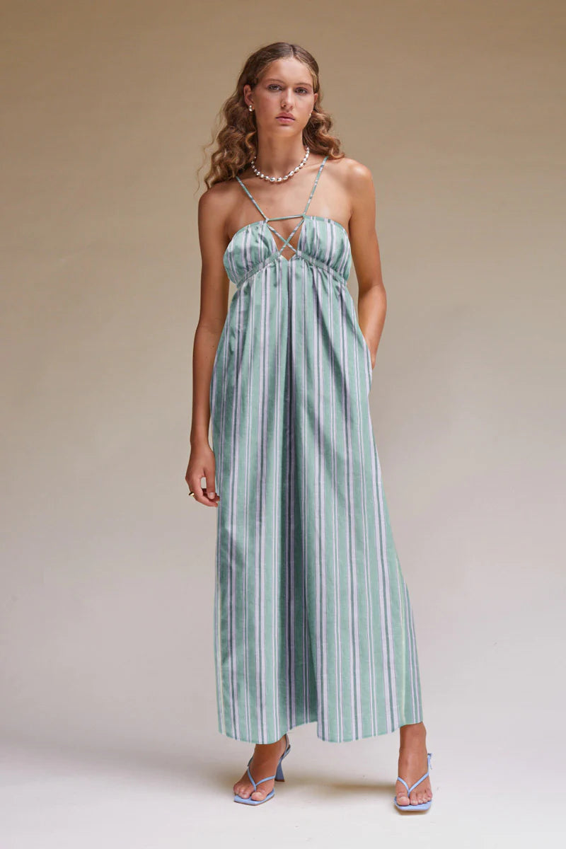 Elysian Collective Suboo Tali Strappy Maxi Dress Green Stripe