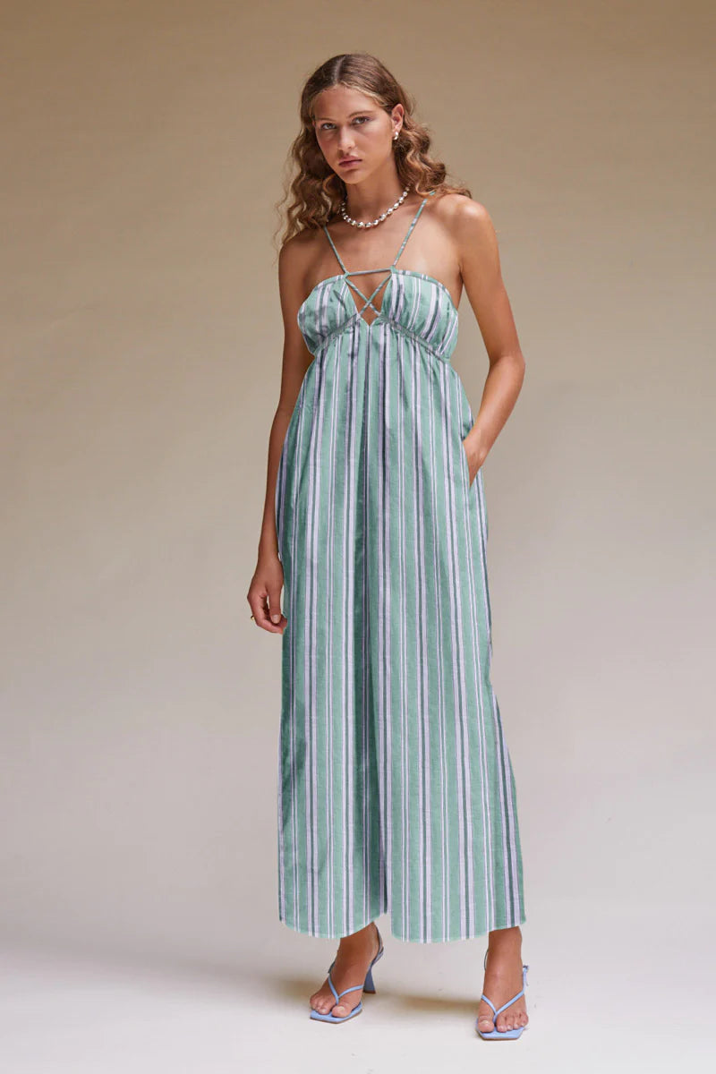 Elysian Collective Suboo Tali Strappy Maxi Dress Green Stripe