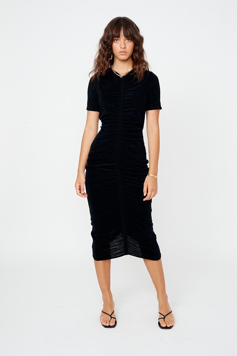 Elysian Collective The Liz Rouched Midi Tee Dress Black