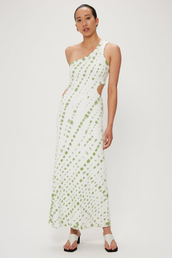 Elysian Collective Third Form Ring Out One Shoulder Maxi Dress Olive Hand Tie Dye