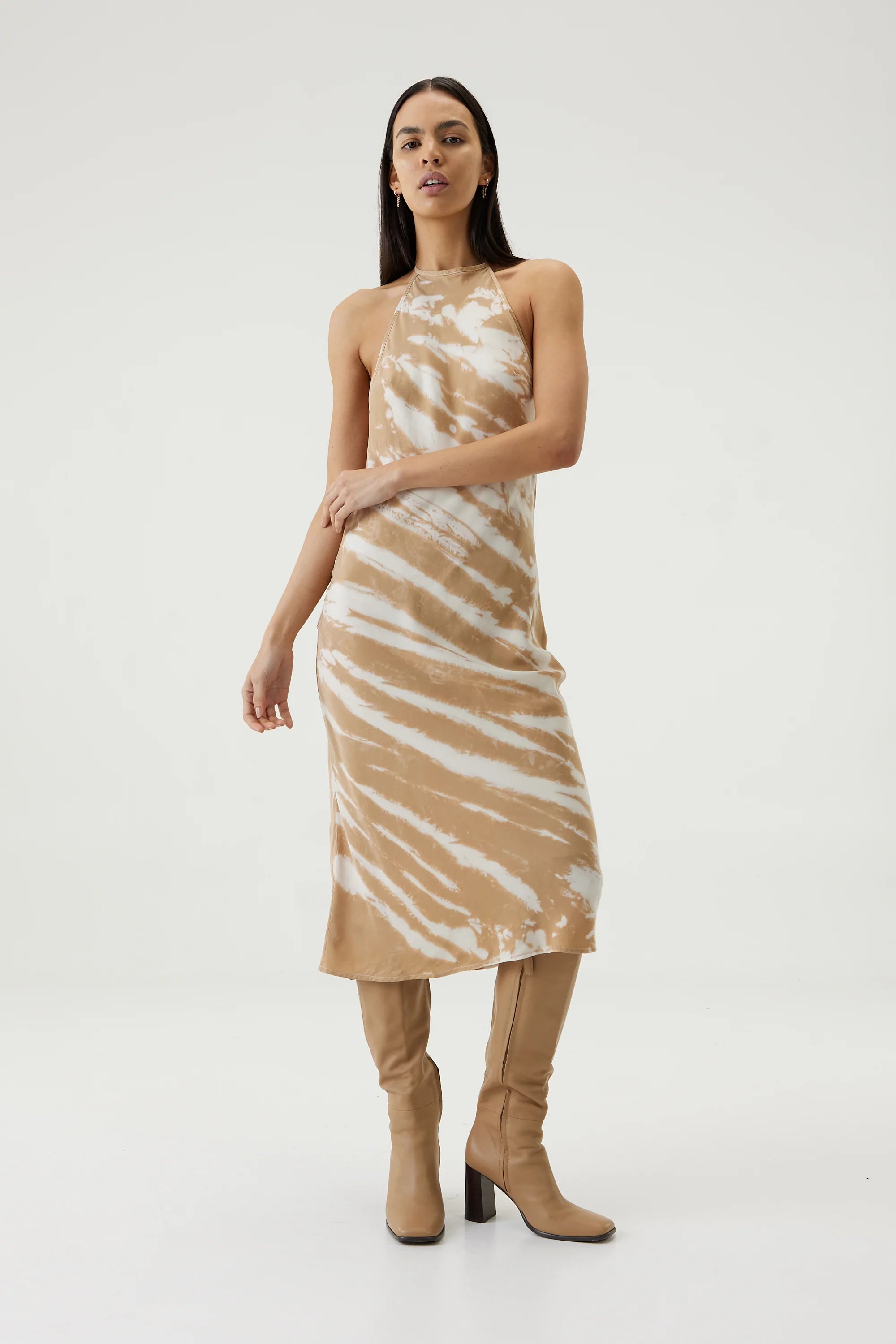 Elysian Collective Third Form Twist Through Bias Halter Midi Tan Tie Dye