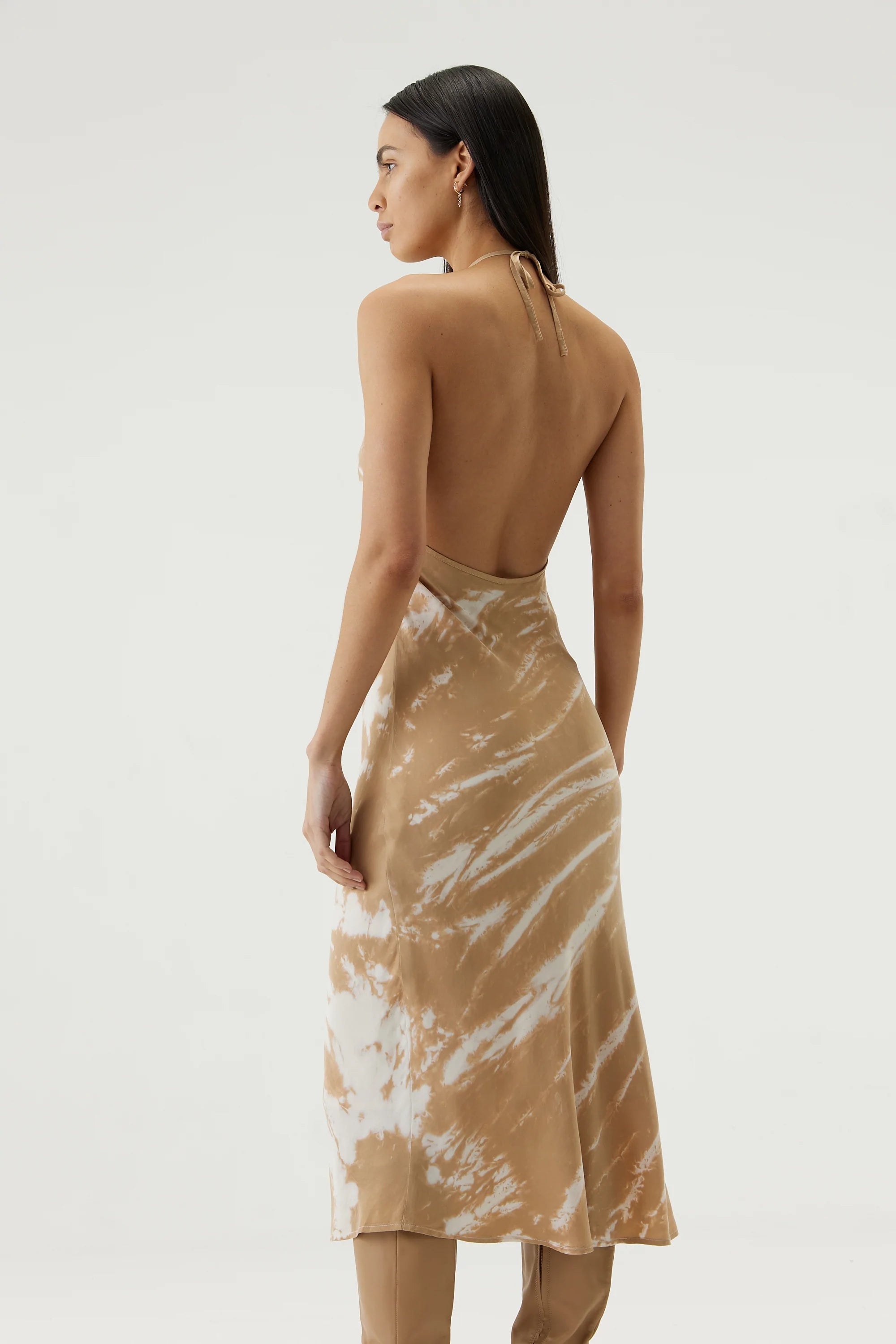 Elysian Collective Third Form Twist Through Bias Halter Midi Tan Tie Dye