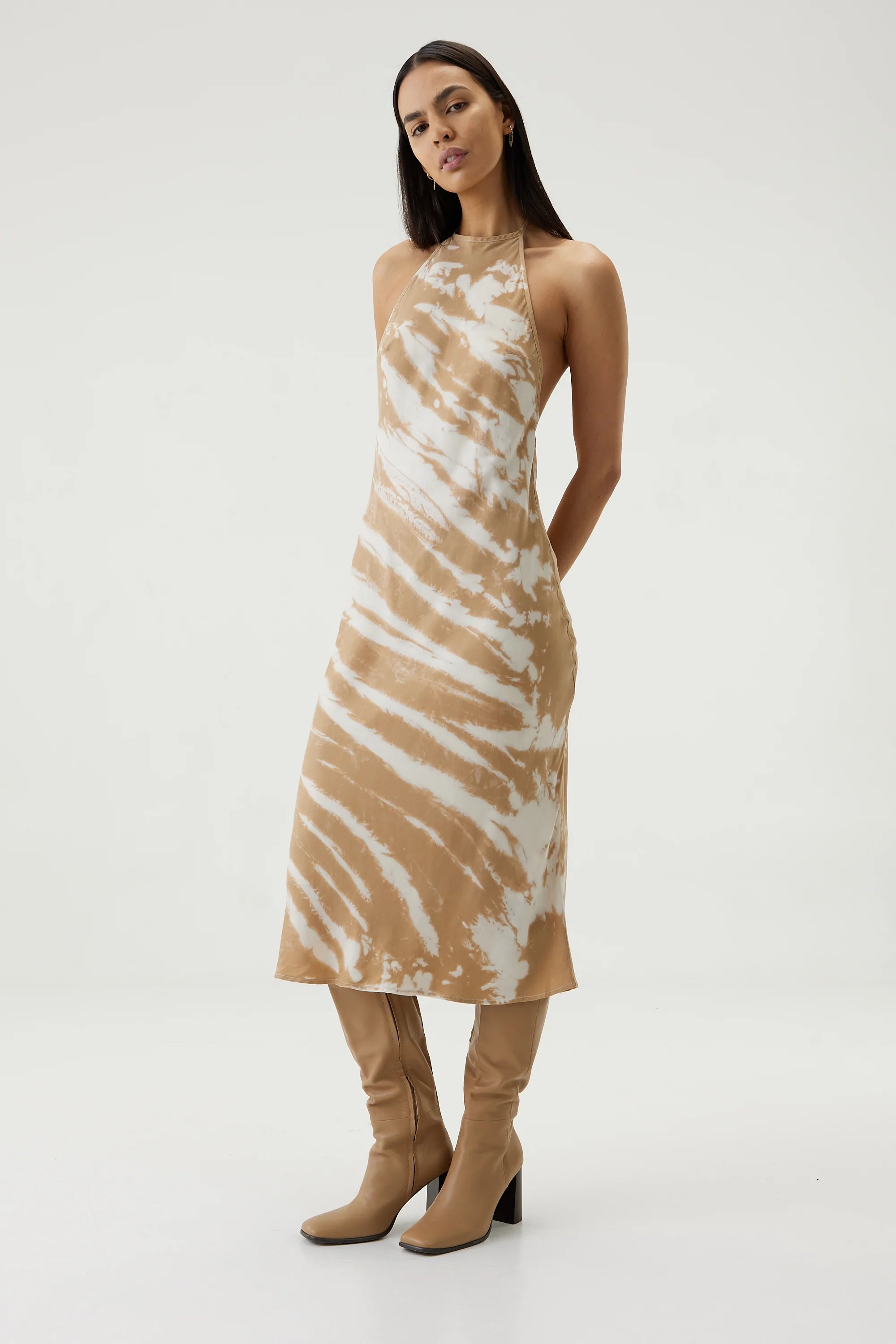 Elysian Collective Third Form Twist Through Bias Halter Midi Tan Tie Dye