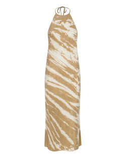 Elysian Collective Third Form Twist Through Bias Halter Midi Tan Tie Dye