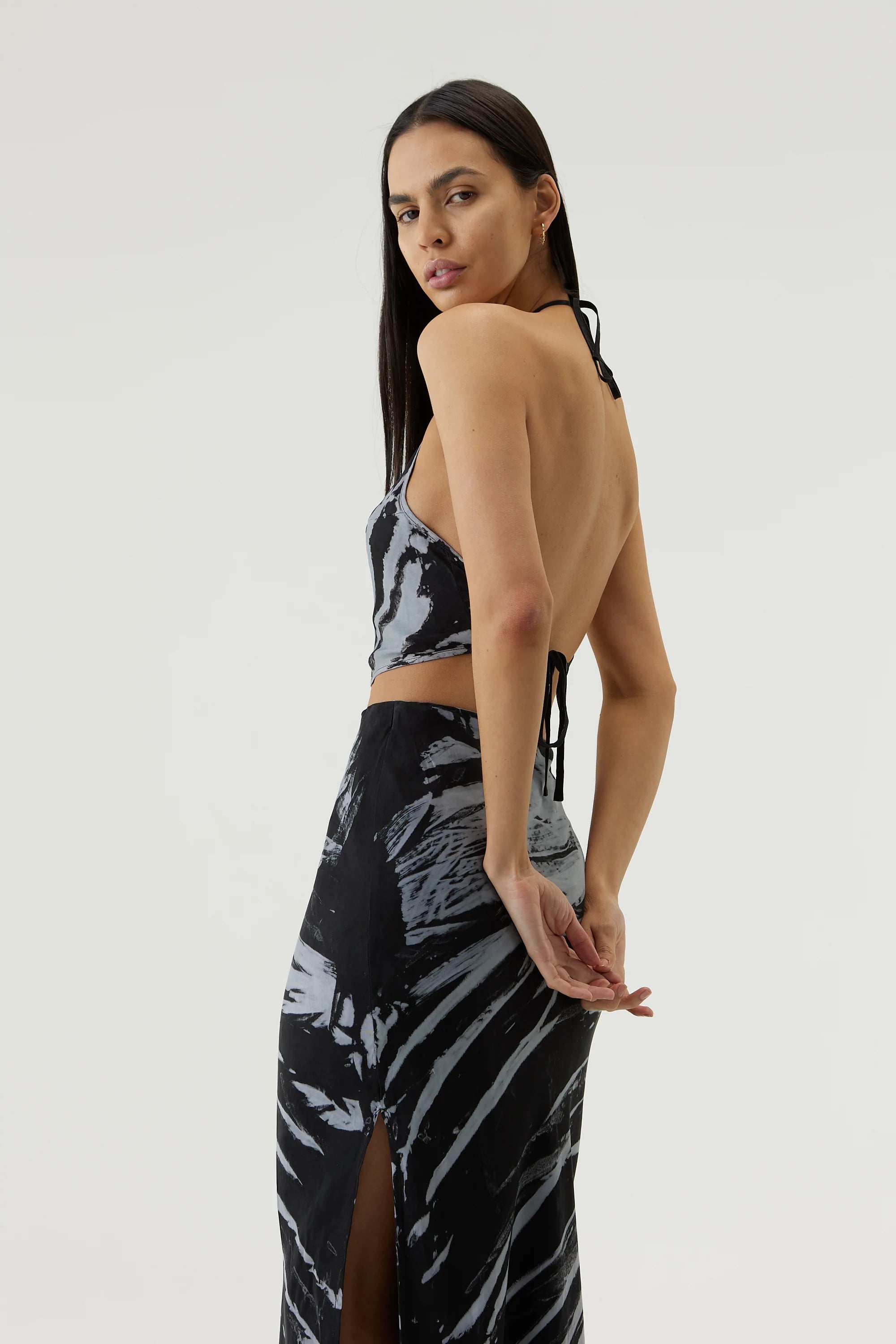 Elysian Collective Third Form Twist Through Bias Halter Top Black Tie Dye