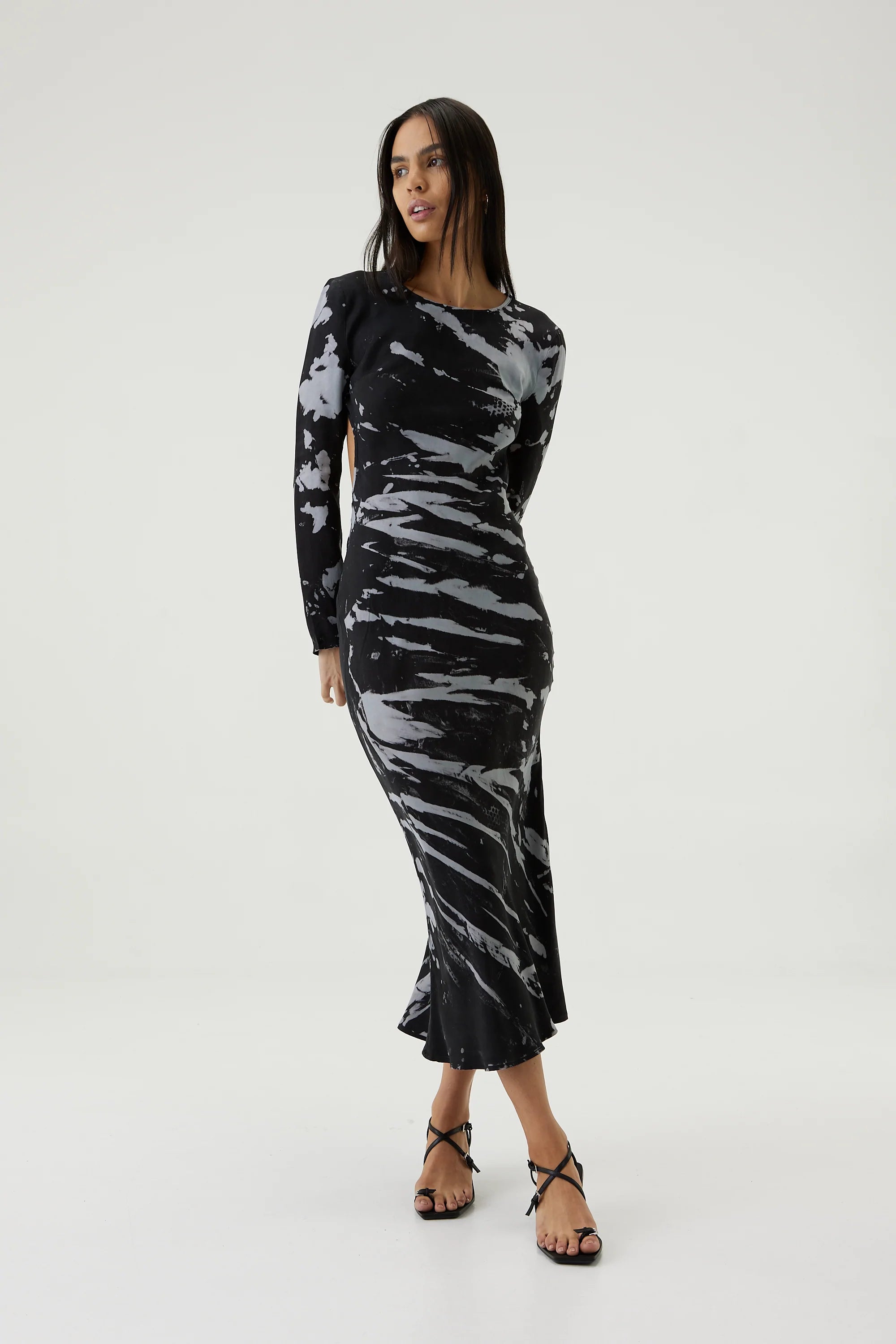 Elysian Collective Third Form Twist Through Bias Tie Back Midi Dress Black Tie Dye