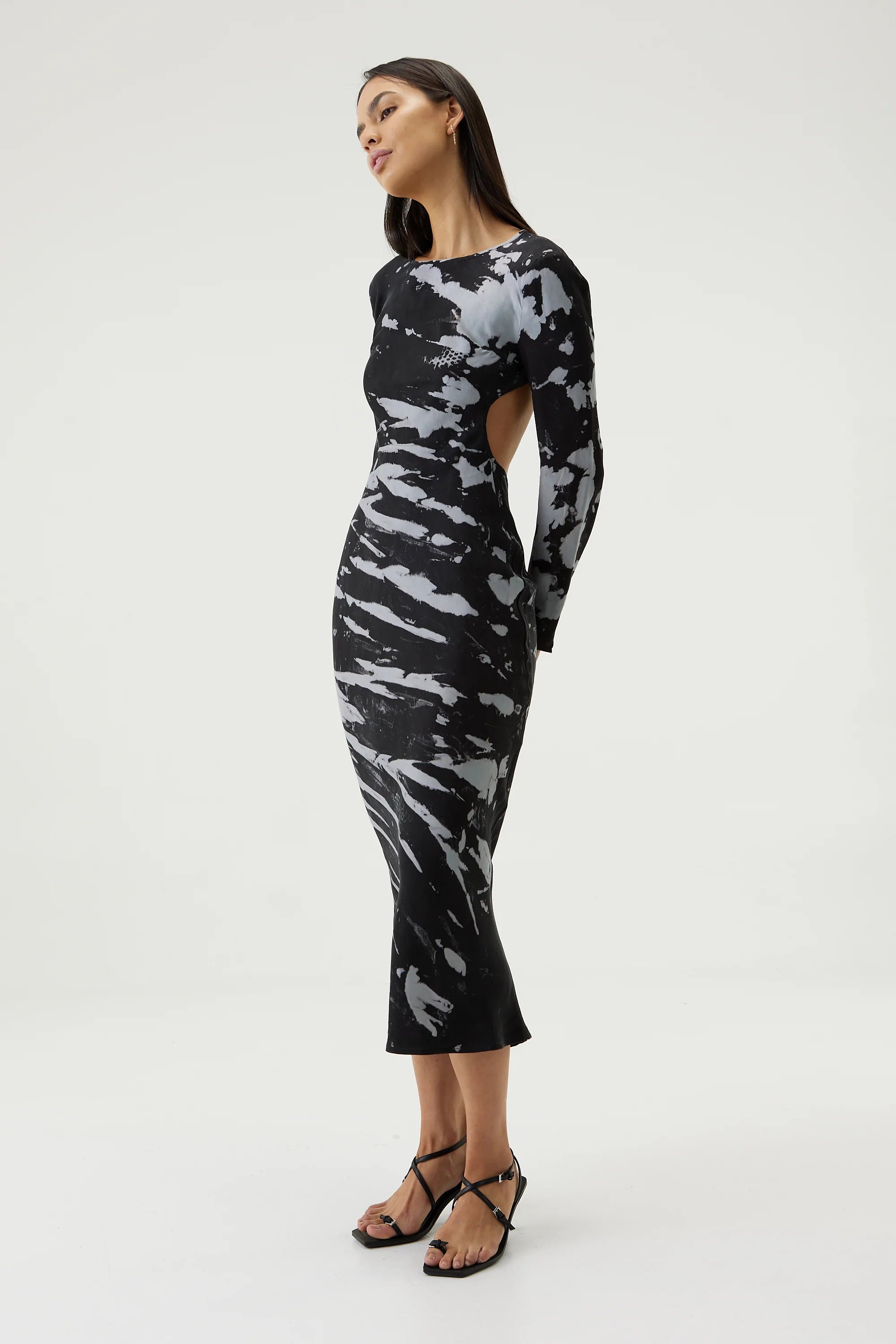 Elysian Collective Third Form Twist Through Bias Tie Back Midi Dress Black Tie Dye