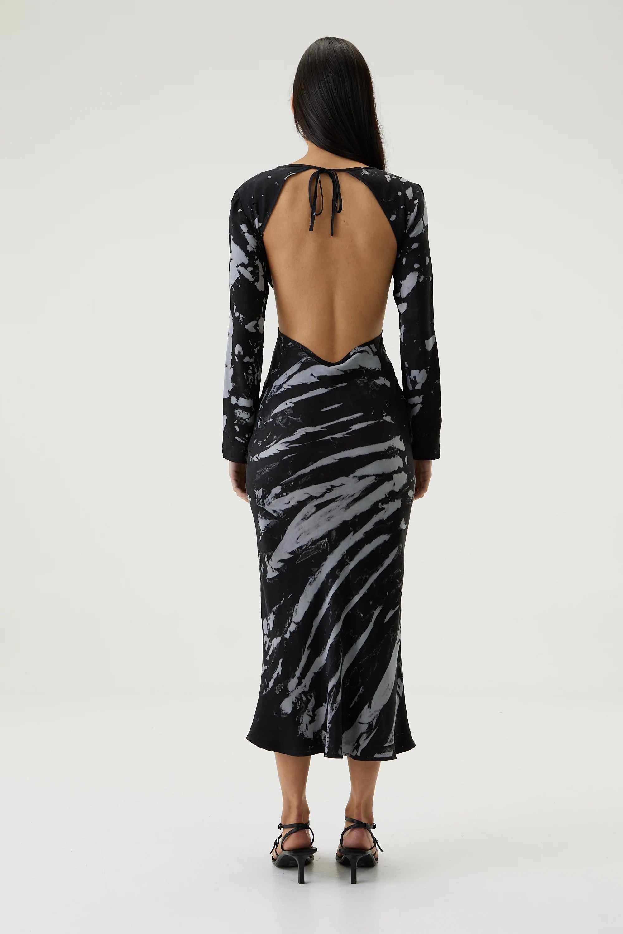 Elysian Collective Third Form Twist Through Bias Tie Back Midi Dress Black Tie Dye