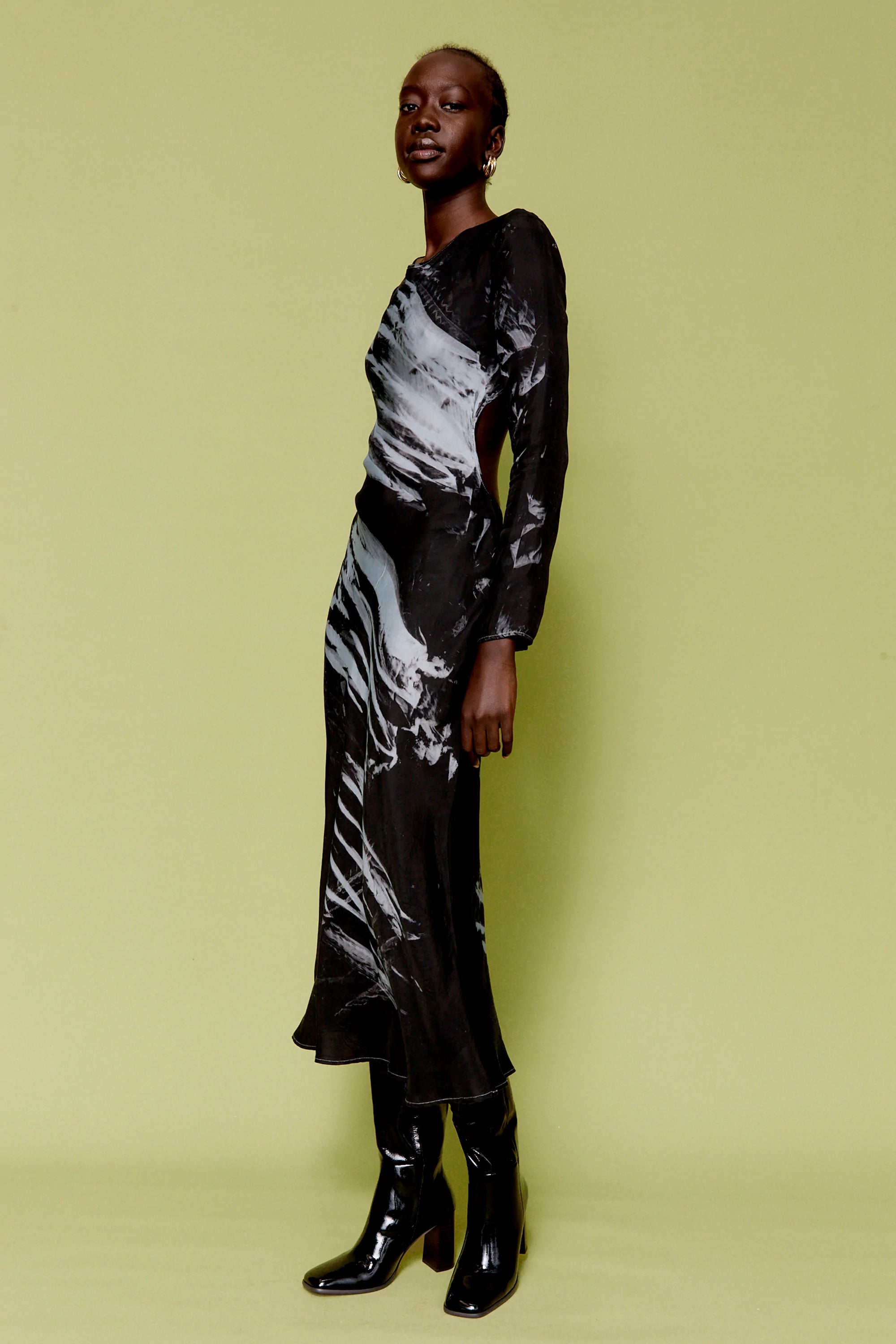 Elysian Collective Third Form Twist Through Bias Tie Back Midi Dress Black Tie Dye