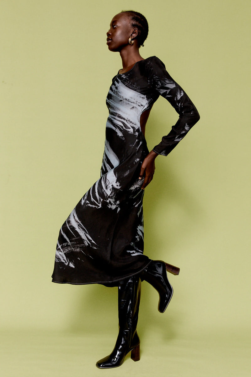 Elysian Collective Third Form Twist Through Bias Tie Back Midi Dress Black Tie Dye