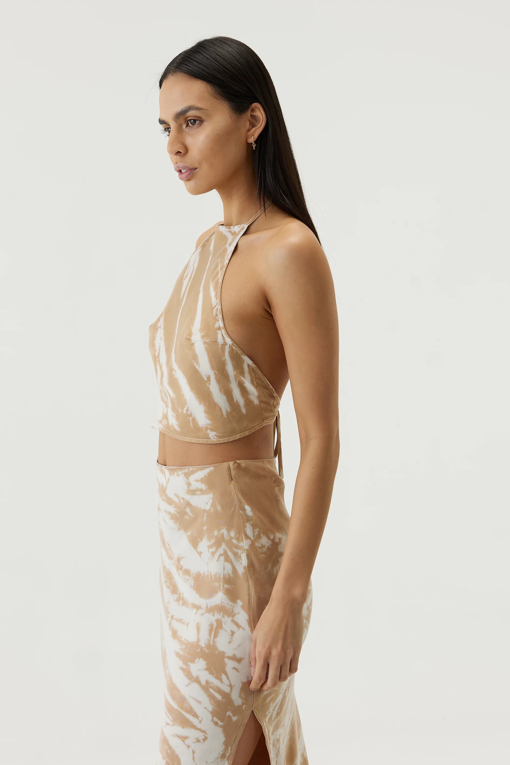 Elysian Collective Third Form Twist Through Bias Halter Top Tan Tie Dye