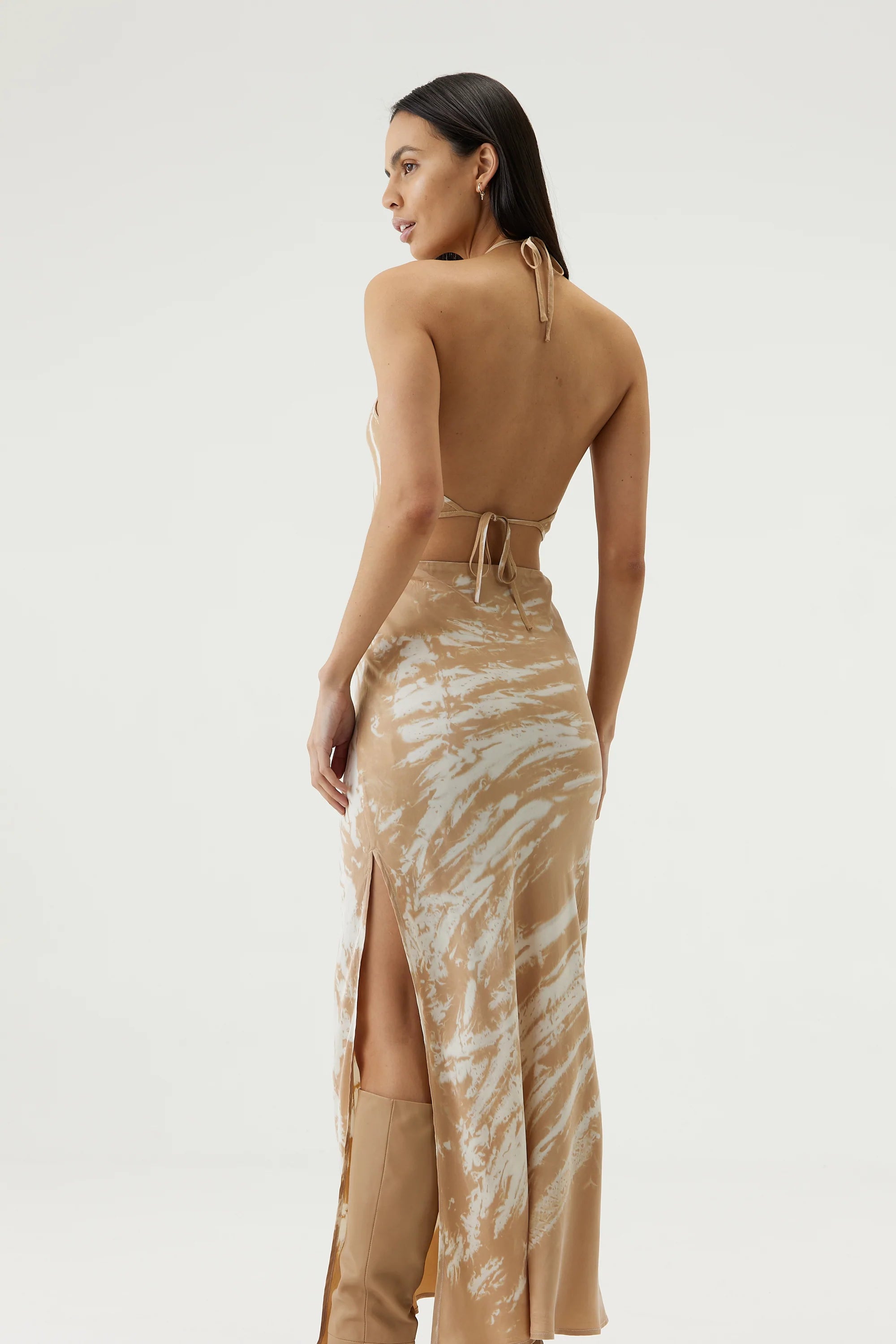 Elysian Collective Third Form Twist Through Bias Halter Top Tan Tie Dye