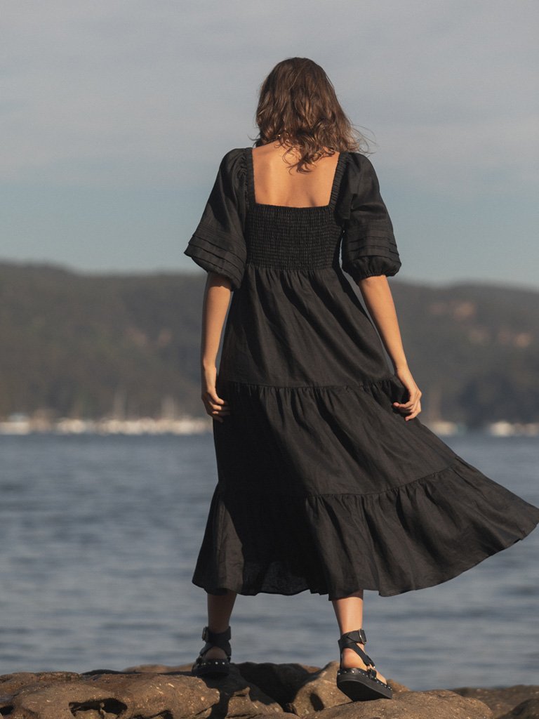 Elysian Collective Kivari Lola Luxe Linen Maxi Dress Black